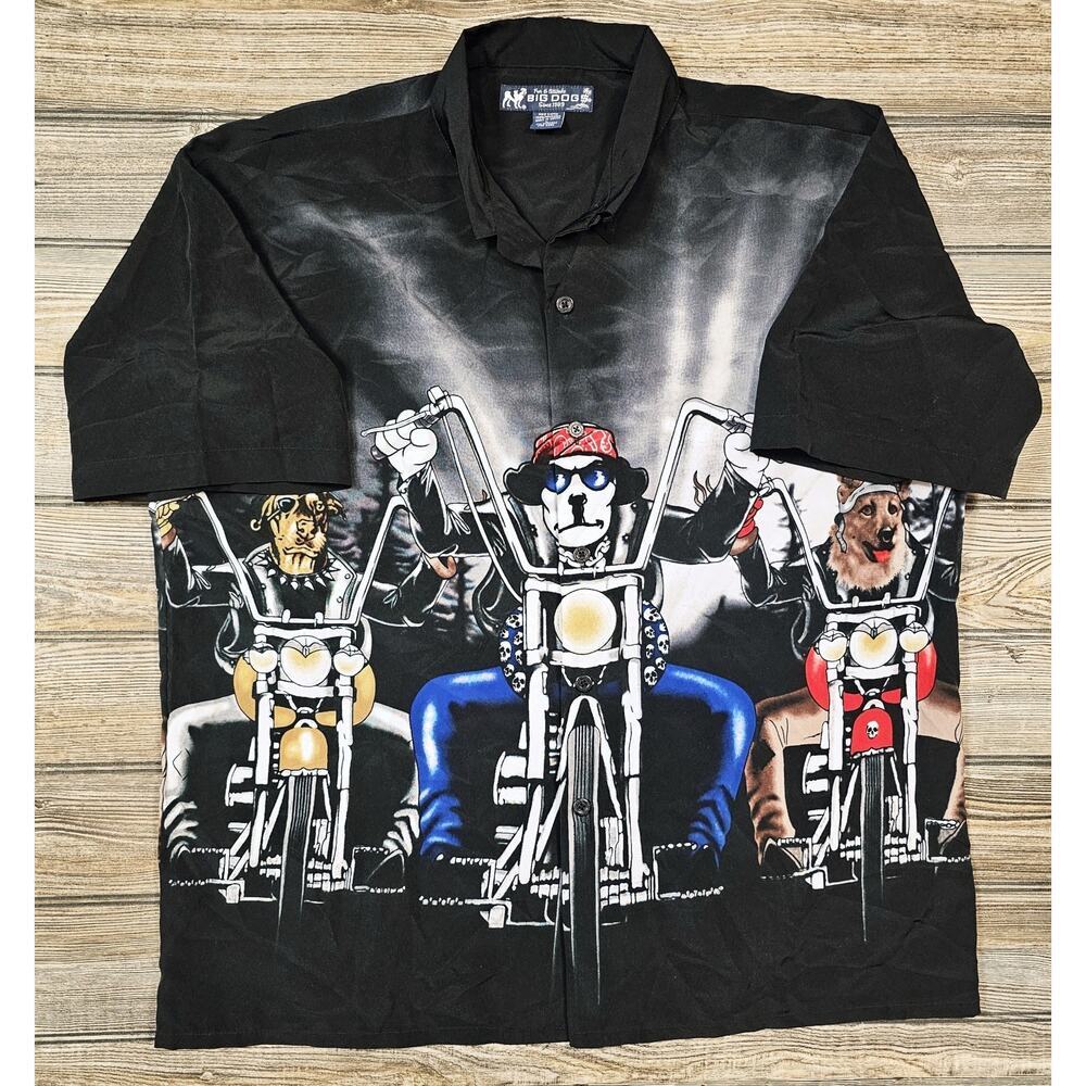 Vintage Big Dogs Motorcycle Chopper Hawaiian Button Shirt Mens Sz Large Black